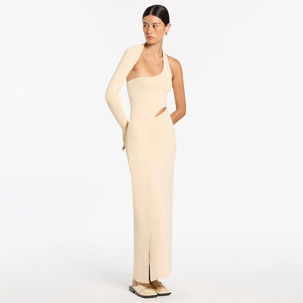 Amazon new black knitted women's single sleeve hollow stretch long dress bandage dress high-grade European and American style
