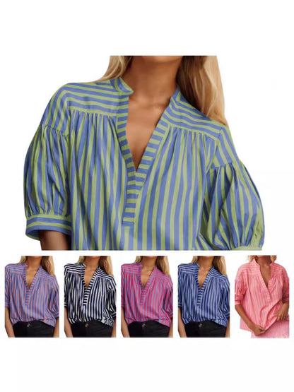 European and American Women's Casual Shirt New Style Striped V-Neck Top |tops