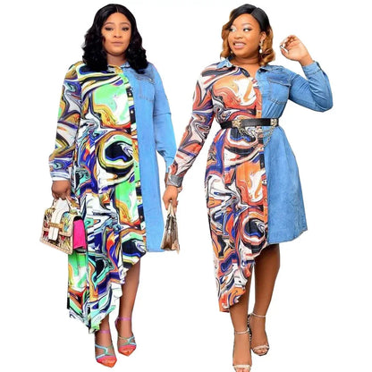 Supply Denim chiffon stitching unique cutting fashion loose shirt dress European and American Africa plus size special offer