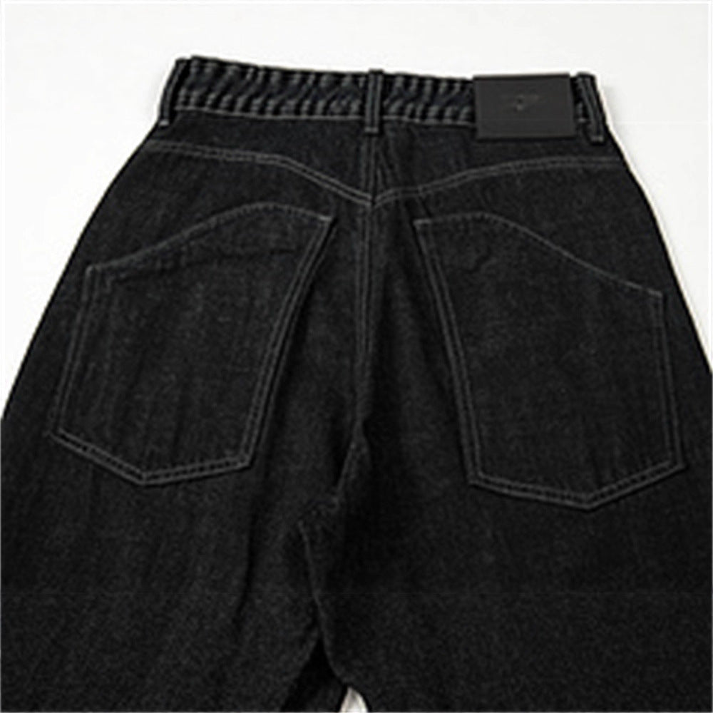 High-Street Men's Laser-Burnt Straight-Leg Denim Jeans, Trendy Loose Fit Casual Pants for Men