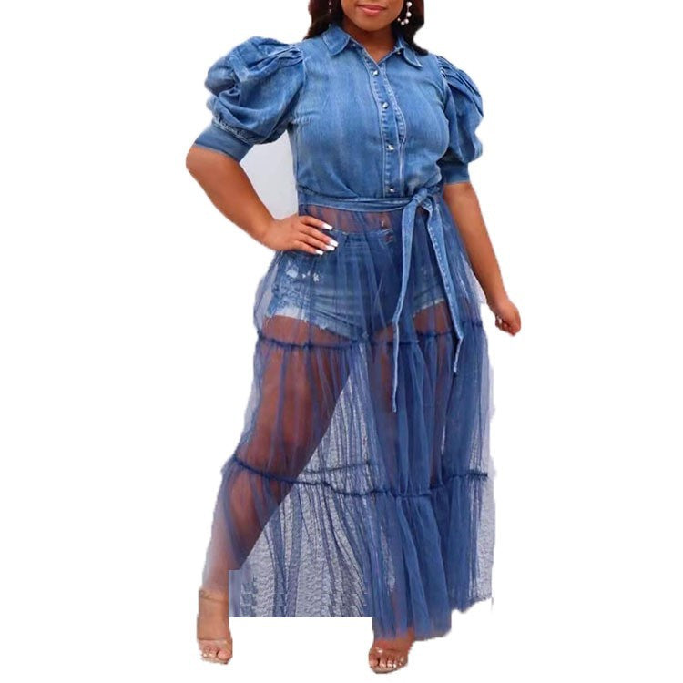 2025 new European and American plus size women's dress cardigan dress temperament commute blue Denim stitching mesh skirt