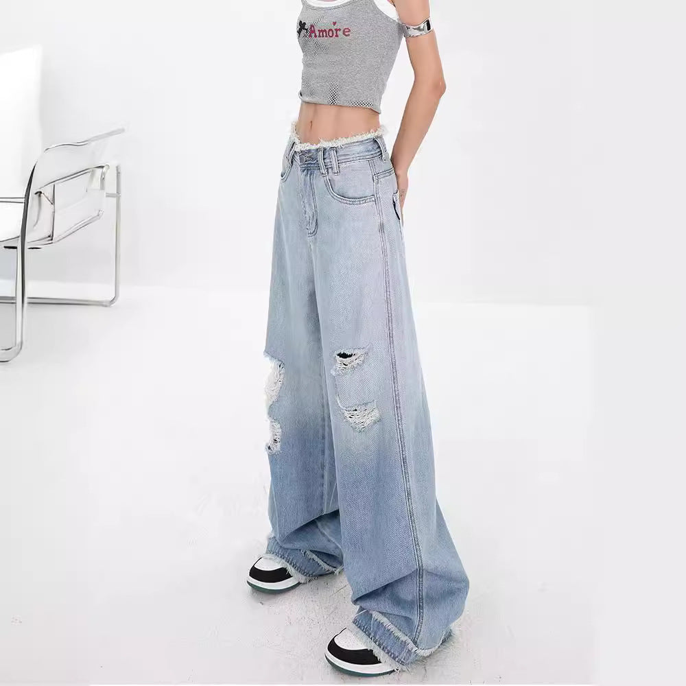 KEN STUDIO summer blue gradient water washed hole jeans women's raw edges design draping mopping pants pants