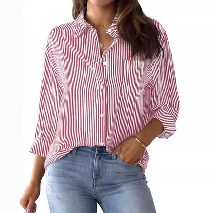 Women's button-down shirt striped classic long sleeve collar office work shirt top with pockets