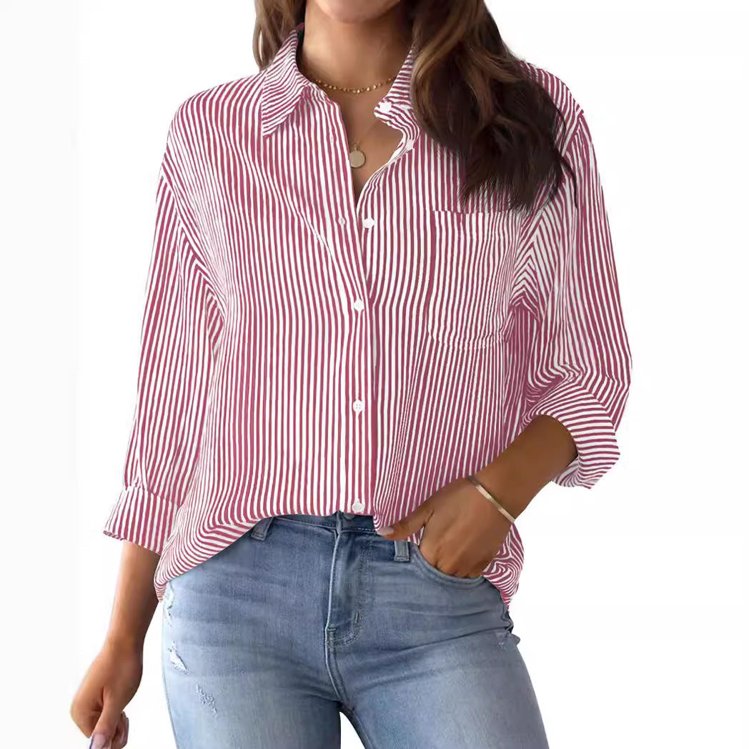 Women's button-down shirt striped classic long sleeve collar office work shirt top with pockets