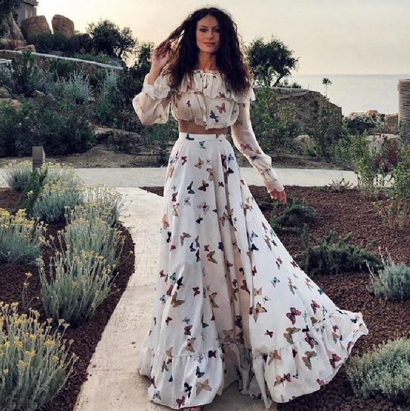 European and American Butterfly Print Bohemian Dress Set