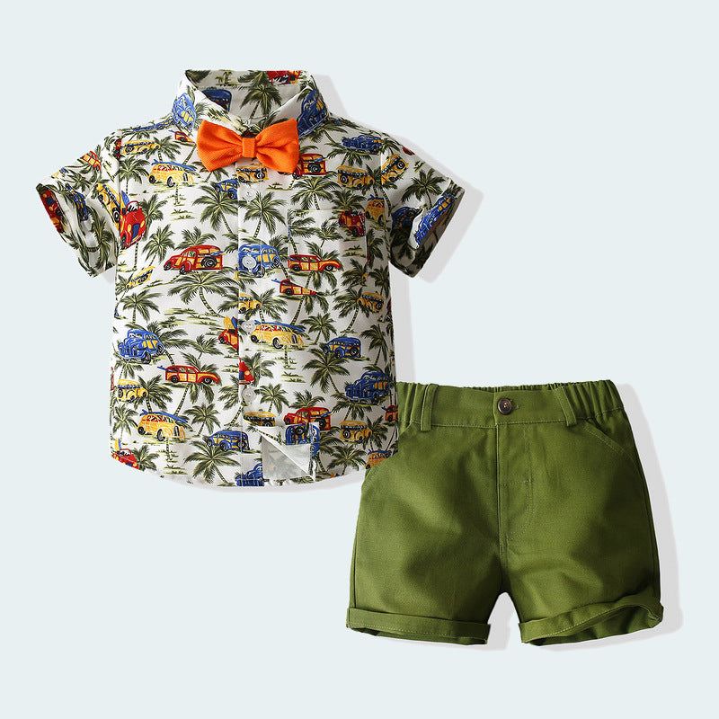 Boys Suit Beach Style Shirt Summer Style Army Green Coconut Tree Shirt Shorts European And American Style Children's Cotton Summer Clothes
