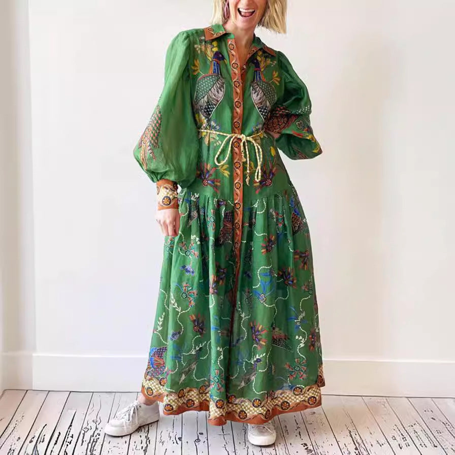 Cross-border foreign trade independent station Amazon 2023 new autumn printed cardigan printed wide hem long sleeve dress for women