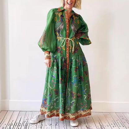 Cross-border foreign trade independent station Amazon 2023 new autumn printed cardigan printed wide hem long sleeve dress for women