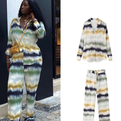 2023 Summer tie-dye women's shirt tie-dye trousers straight pants suit personality