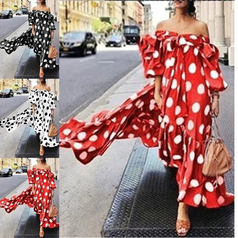 2025 European and American Foreign trade cross-border women's clothing dress Amazon off-shoulder polka dot casual bohemian maxi dress