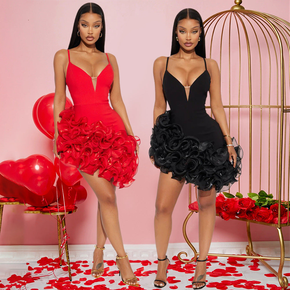 CY901550 Europe and America cross border new fashion sexy sling solid color flounce irregular dress skirt