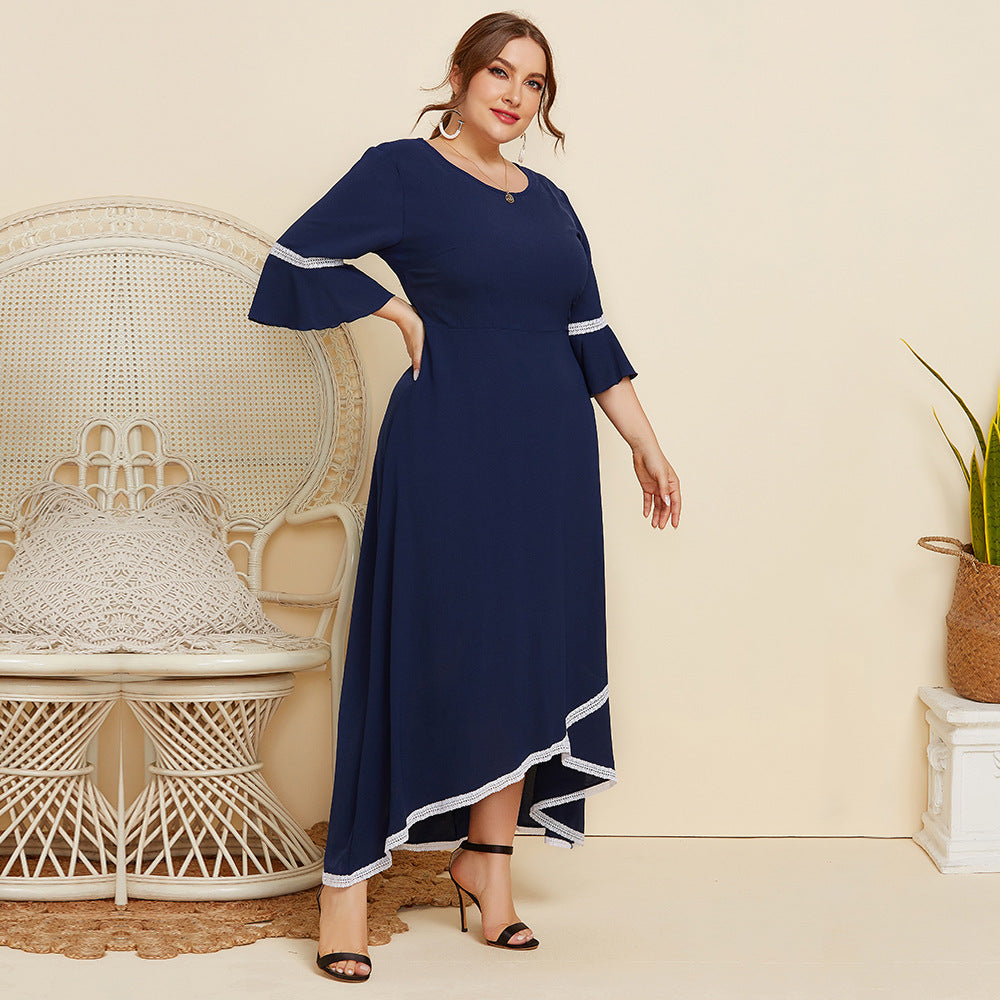Plus size maxi-jurk met kanten patchwork ronde hals en 3/4 mouwen