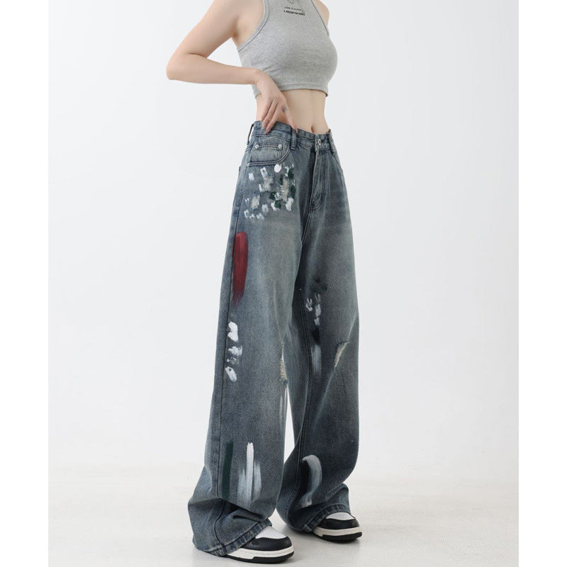 American retro splash-ink design ripped straight jeans women's summer loose High Street casual all-matching long pants