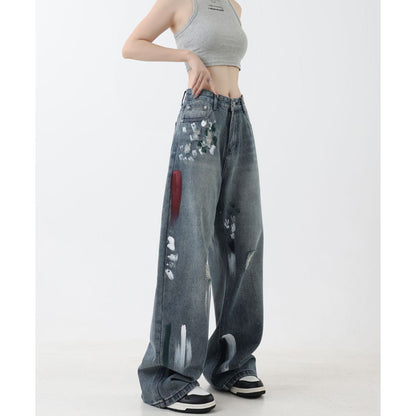 American retro splash-ink design ripped straight jeans women's summer loose High Street casual all-matching long pants