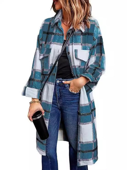 Women's 2024 mid-length plaid jacket long sleeve button shirt fashion Winter brushed woolen dress and coat