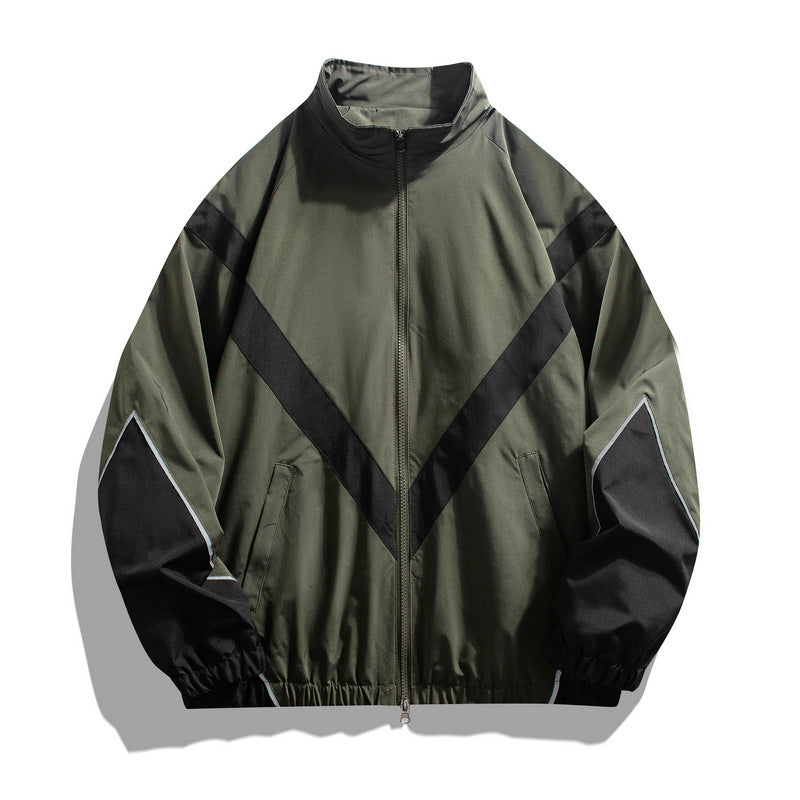 Fashion brand embedded reflective patchwork stand-up collar zipper jacket spring and autumn jacket loose Sports and Leisure jacket men's thin