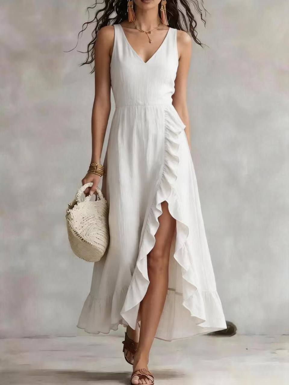 Cross-border foreign trade y2g summer women's V-neck sleeveless dress pink ruffled slit vacation style Beach maxi dress