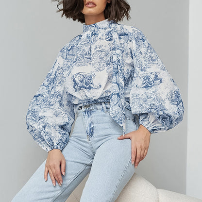Chinese Style Ink Painting Women's Shirt Autumn New Lantern Sleeve Stand Collar Top |blouses,tops