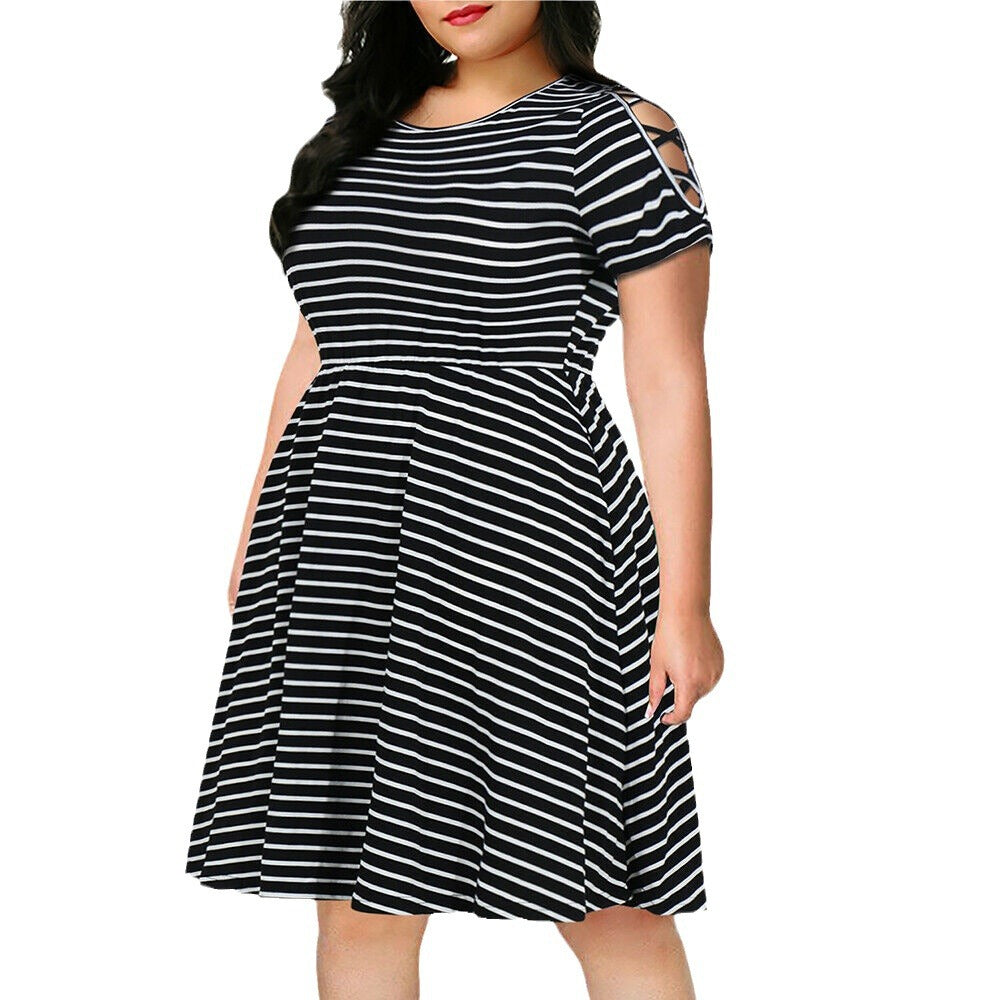Europe and America cross border Foreign Trade popular style strap off-the-shoulder short sleeve round neck fashion striped slimming patchwork plus size dress women