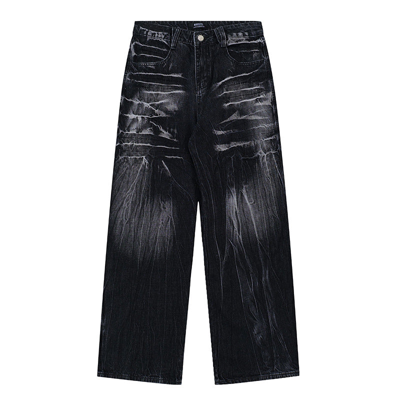 American special-interest design jeans women's spring and autumn 2024 New washed distressed couple lightning pattern wide leg trousers