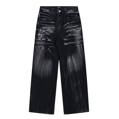 American special-interest design jeans women's spring and autumn 2024 New washed distressed couple lightning pattern wide leg trousers