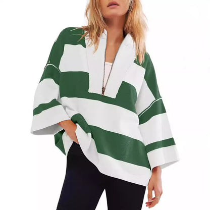 2024 women's oversized striped shirt half zip sweatshirt color block V-neck top casual loose pullover