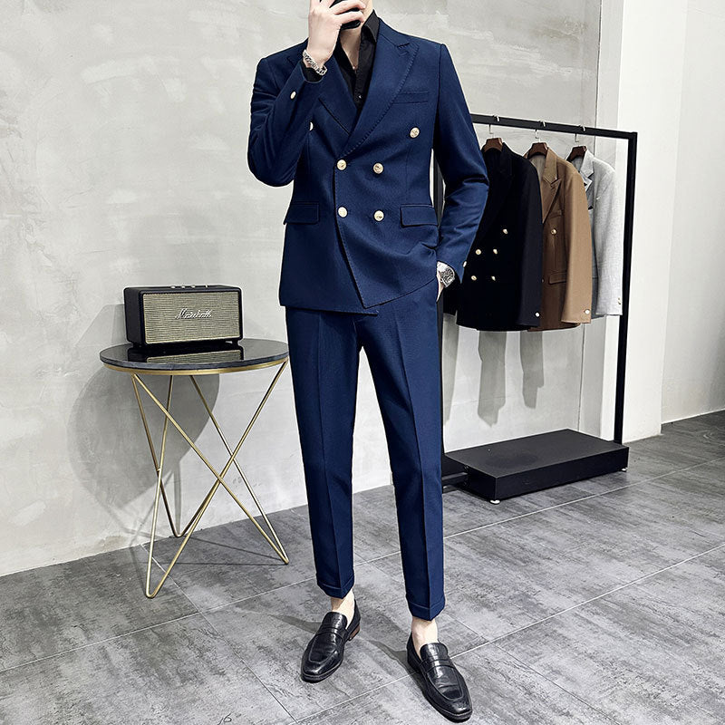 High-end double-breasted suit suit men's youth casual business closure collar temperament host suit two-piece suit