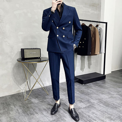 High-end double-breasted suit suit men's youth casual business closure collar temperament host suit two-piece suit