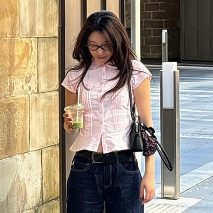BM French style doll collar shirt for women 2025 summer Spring Autumn new design sense niche slim fit slimming short sleeve shirt