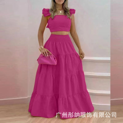 2024 Summer European and American Amazon cross-border new arrival temperament sexy backless solid color two-piece sling maxi dress