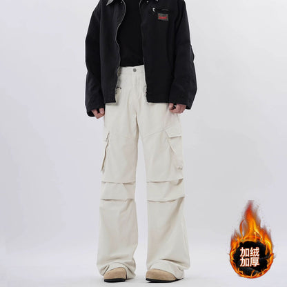 American-style high street fashion brand pleated design workwear casual pants women's loose multi-pocket straight slightly flared long pants