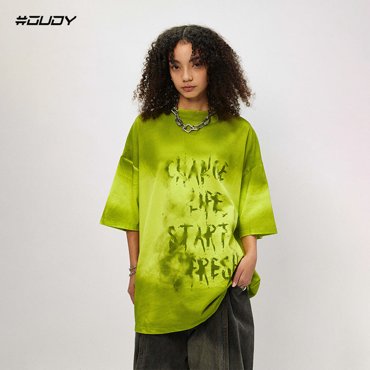 OVDY American Street Short Sleeve T-Shirt Cotton Gradient Spray Print Couple Letters