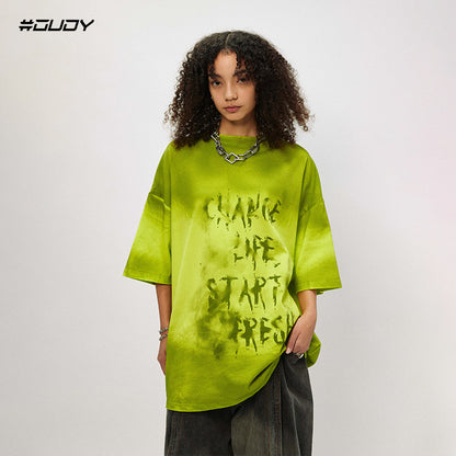 OVDY American Street Short Sleeve T-Shirt Cotton Gradient Spray Print Couple Letters