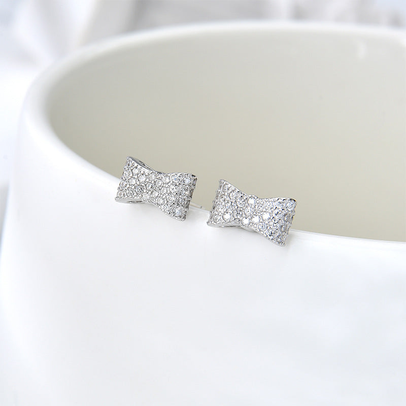 925 sterling silver diamond inlaid bow stud earrings simple Korean style artistic temperament earrings niche design ornament women
