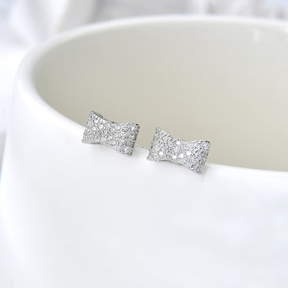 925 sterling silver diamond inlaid bow stud earrings simple Korean style artistic temperament earrings niche design ornament women
