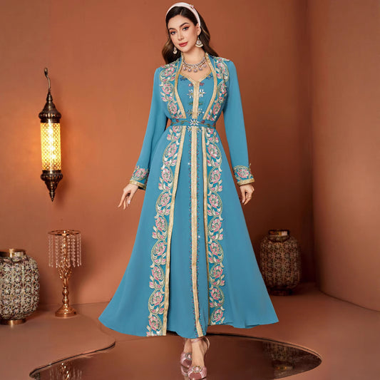 Kanten borduurwek V-hals jurk met riem