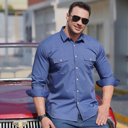 Plus size men's stretch Denim long-sleeved shirt fat guy Spring and Autumn new casual stylish multi-pocket shirt fat guy fashion