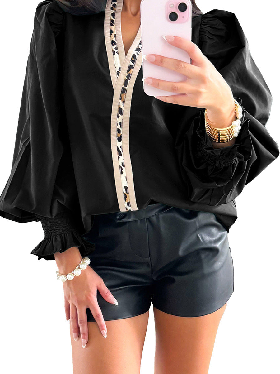 Europe and America cross border fashion loose printed pullover for women 2025 autumn and winter New contrast color V-neck long sleeve chiffon shirt for women