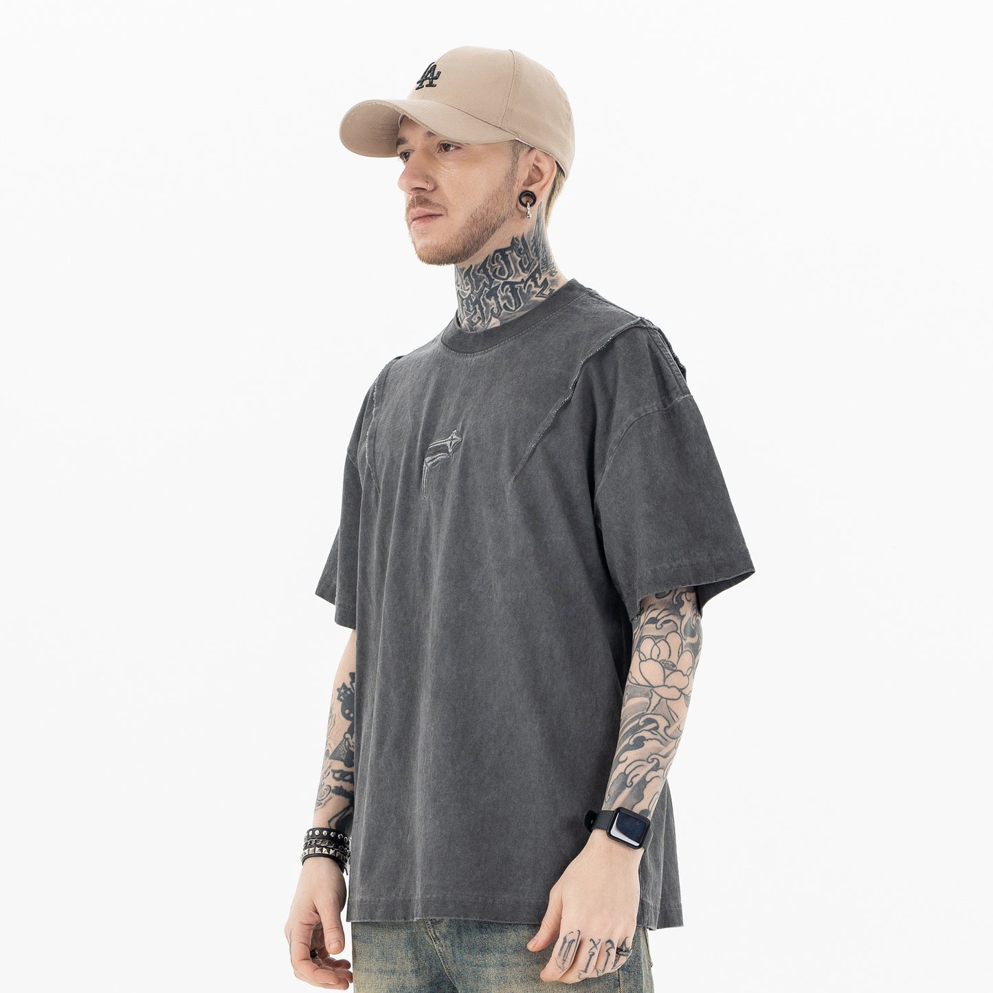 Lanhai men's clothing | 2025 Spring/Summer New trendy brand niche cutting design logo embroidered crew neck short sleeve T-shirt men and women