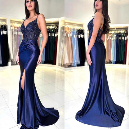 Dark blue camisole evening dress cross-border AliExpress slim fishtail figure flattering side slit high-end and fashionable party maxi dress