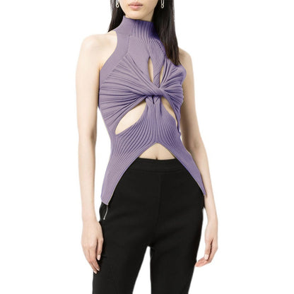 European and American 2025 spring new high neck sleeveless irregular with personality hollow design high-grade women's knitted vest