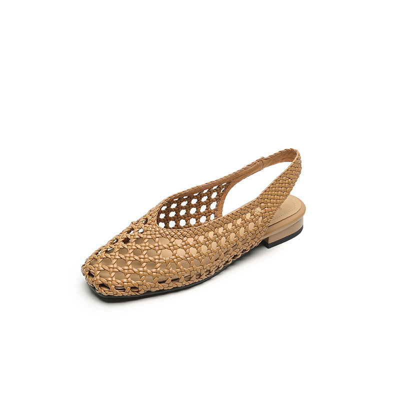 2025 spring and summer new women's casual sandals pointed toe toe cap weaving hollow breathable plus size soft bottom hole shoes