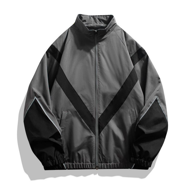 Fashion brand embedded reflective patchwork stand-up collar zipper jacket spring and autumn jacket loose Sports and Leisure jacket men's thin