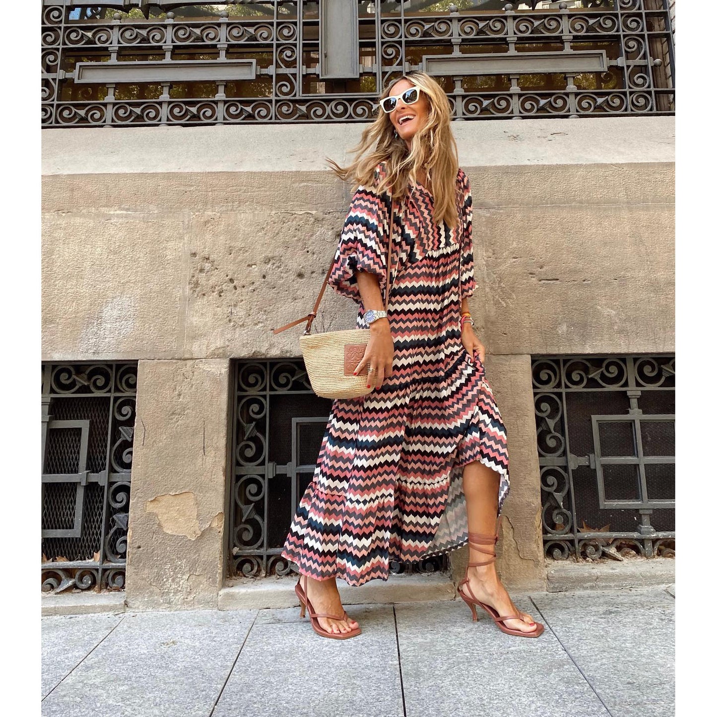 Spring and Autumn European and American new geometric collage puff sleeve dress female street fried street plus size women's dress