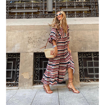Spring and Autumn European and American new geometric collage puff sleeve dress female street fried street plus size women's dress