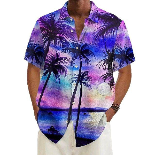 Polyester Men's Casual Printed Short-Sleeved Stand-Up Collar Shirt