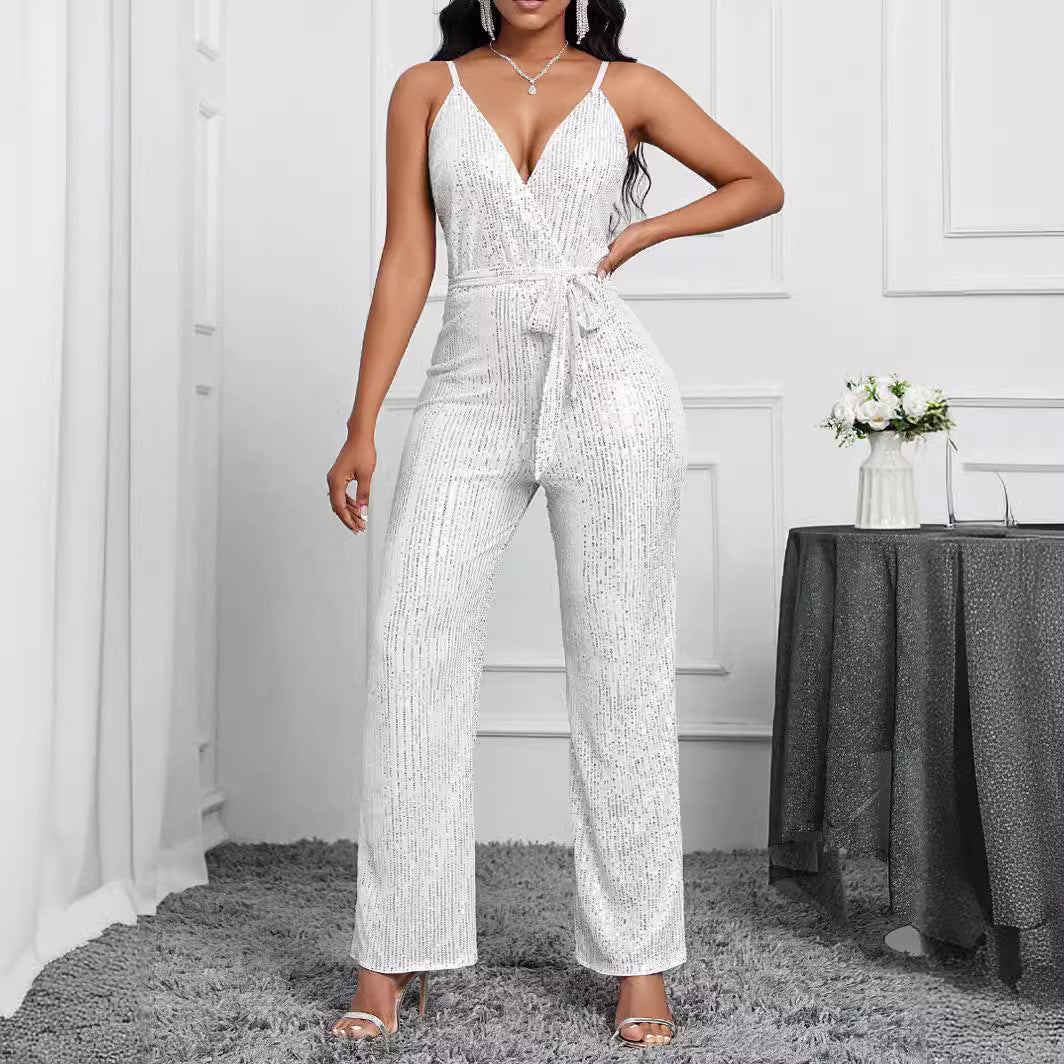 Niche design style European and American Foreign trade exclusive for cross-border solid color suspender jumpsuit elegant temperament