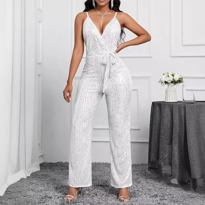 Niche design style European and American Foreign trade exclusive for cross-border solid color suspender jumpsuit elegant temperament
