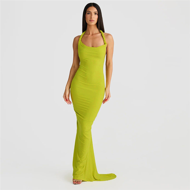 European and American style 2024 cross-border spring summer women's wear new halter bare back pleating sheath sexy maxi dress
