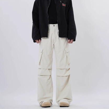 American-style high street fashion brand pleated design workwear casual pants women's loose multi-pocket straight slightly flared long pants